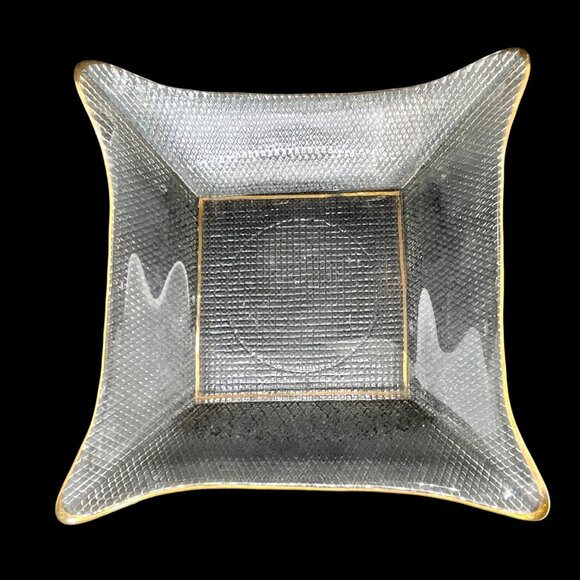 Waffle Pressed Clear Glass Dish Gold Trim Textured MCM Square Trinket Caddy VTG - Picture 2 of 12